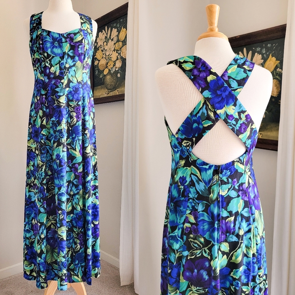 90s Blue Floral Criss Cross Back 1990s Vintage Sweetheart Neckline Maxi Dress